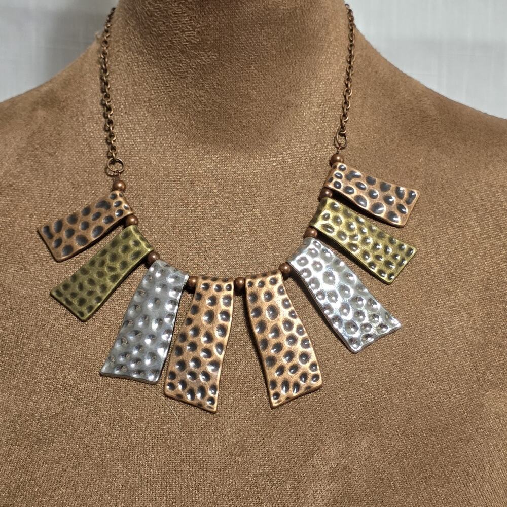 Paparazzi Hammered Mixed Metal Statement Necklace Earrings Set Copper Silver Bra